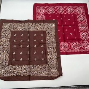 Vintage Paris Accessories Vibrant Brown & Dark Red Paisley Lot of 2 Bandana Set